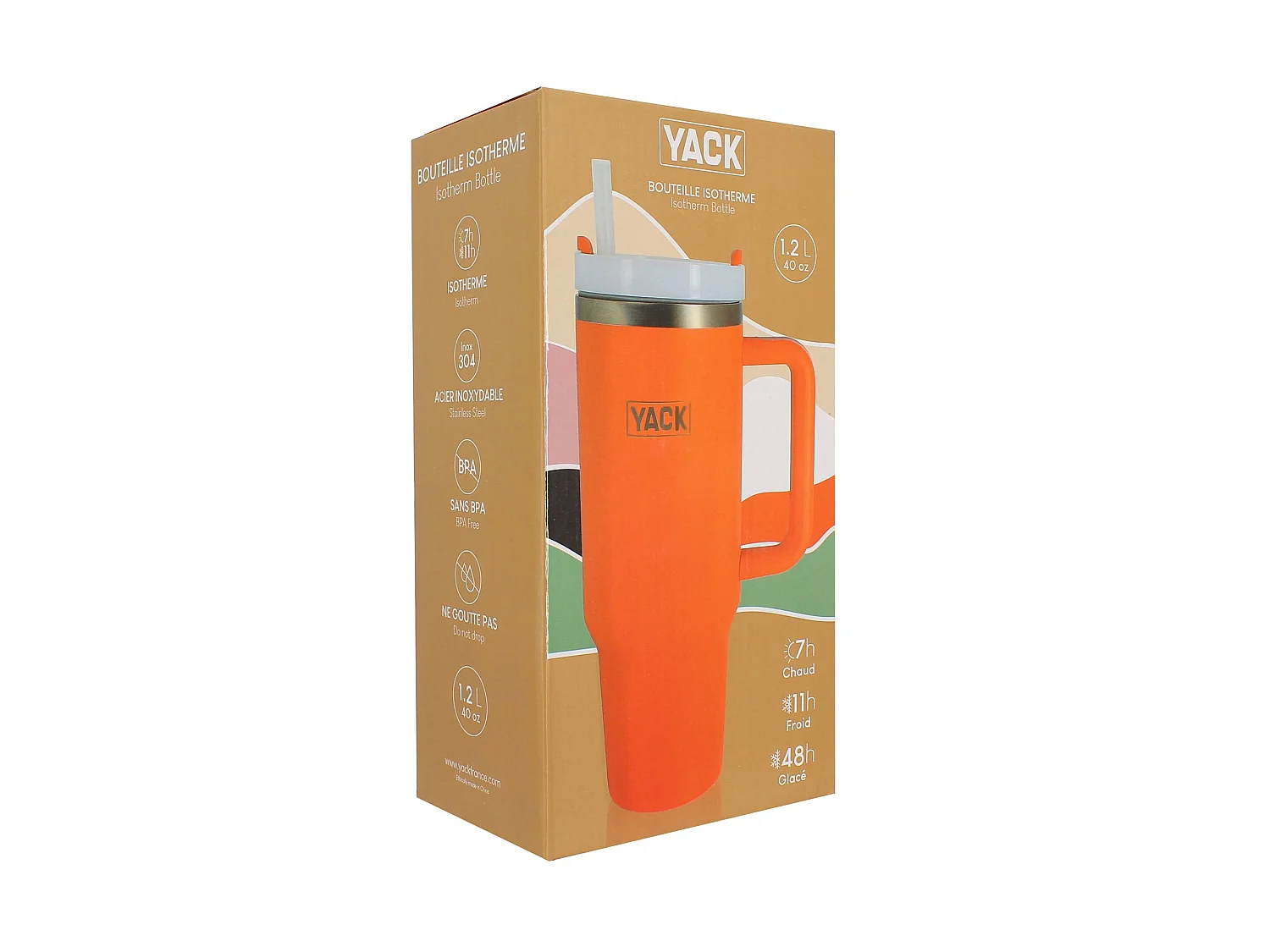 Yack - Gobelet Yack 1.2l En Acier Inoxydable Orange Avec Couvercle Et Paille