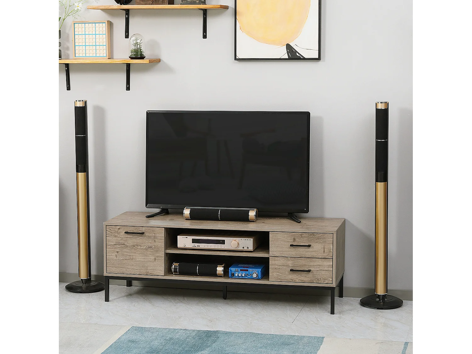 Meuble TV banc TV design industriel - porte, 2 tiroirs, 2 niches - piètement acier noir - aspect bois gris