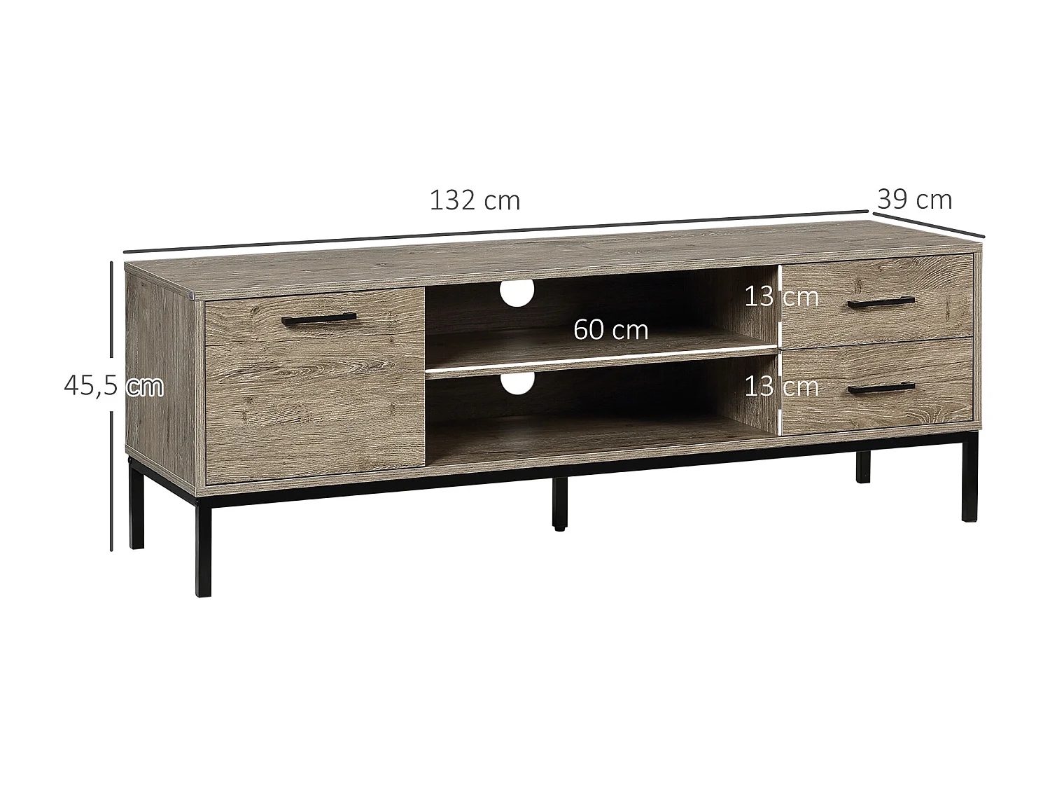 Meuble TV banc TV design industriel - porte, 2 tiroirs, 2 niches - piètement acier noir - aspect bois gris