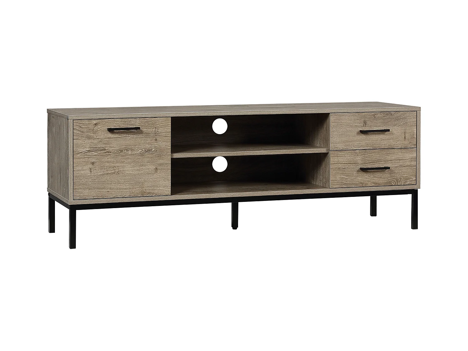 Meuble TV banc TV design industriel - porte, 2 tiroirs, 2 niches - piètement acier noir - aspect bois