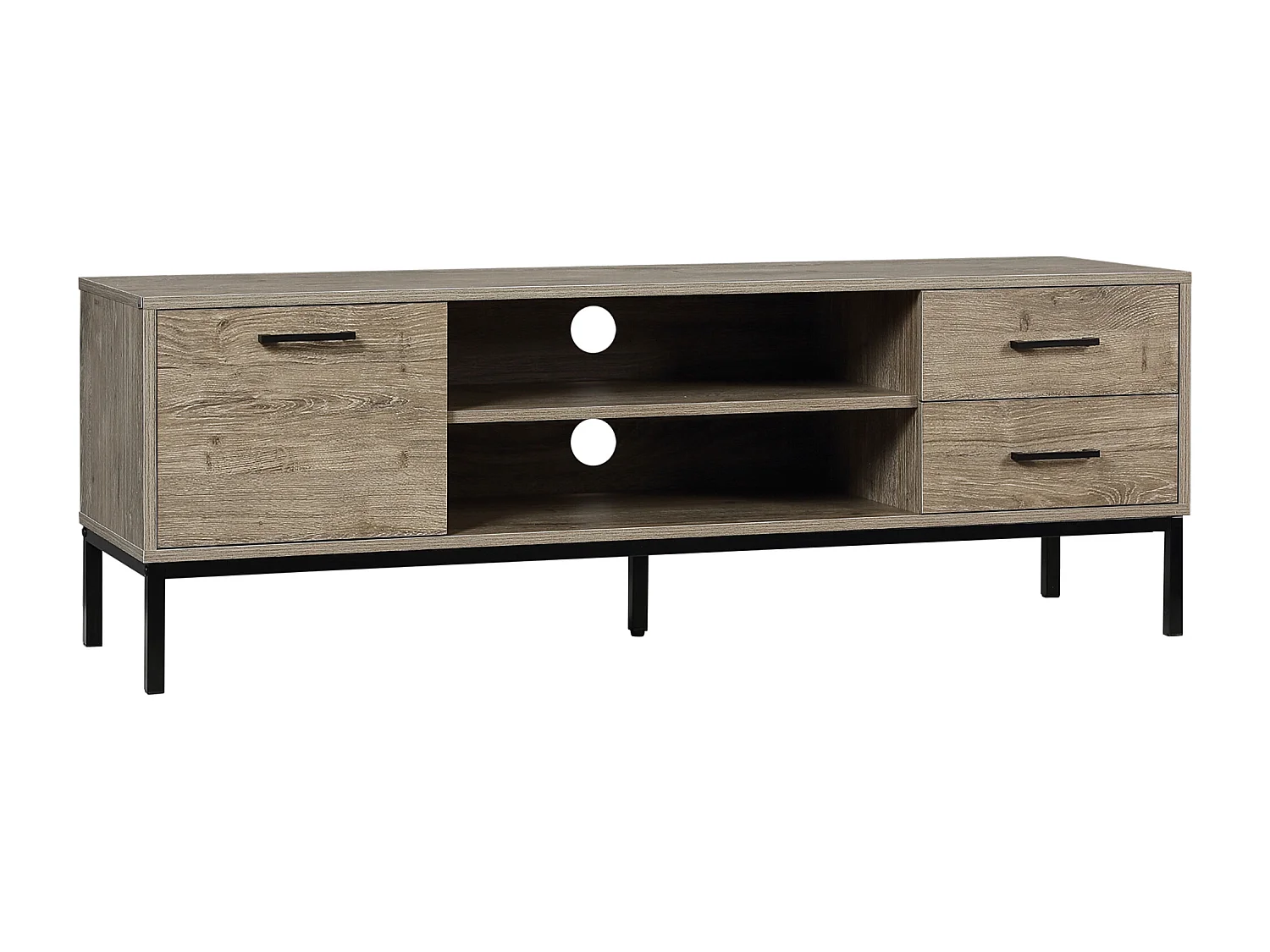 Meuble TV banc TV design industriel - porte, 2 tiroirs, 2 niches - piètement acier noir - aspect bois gris