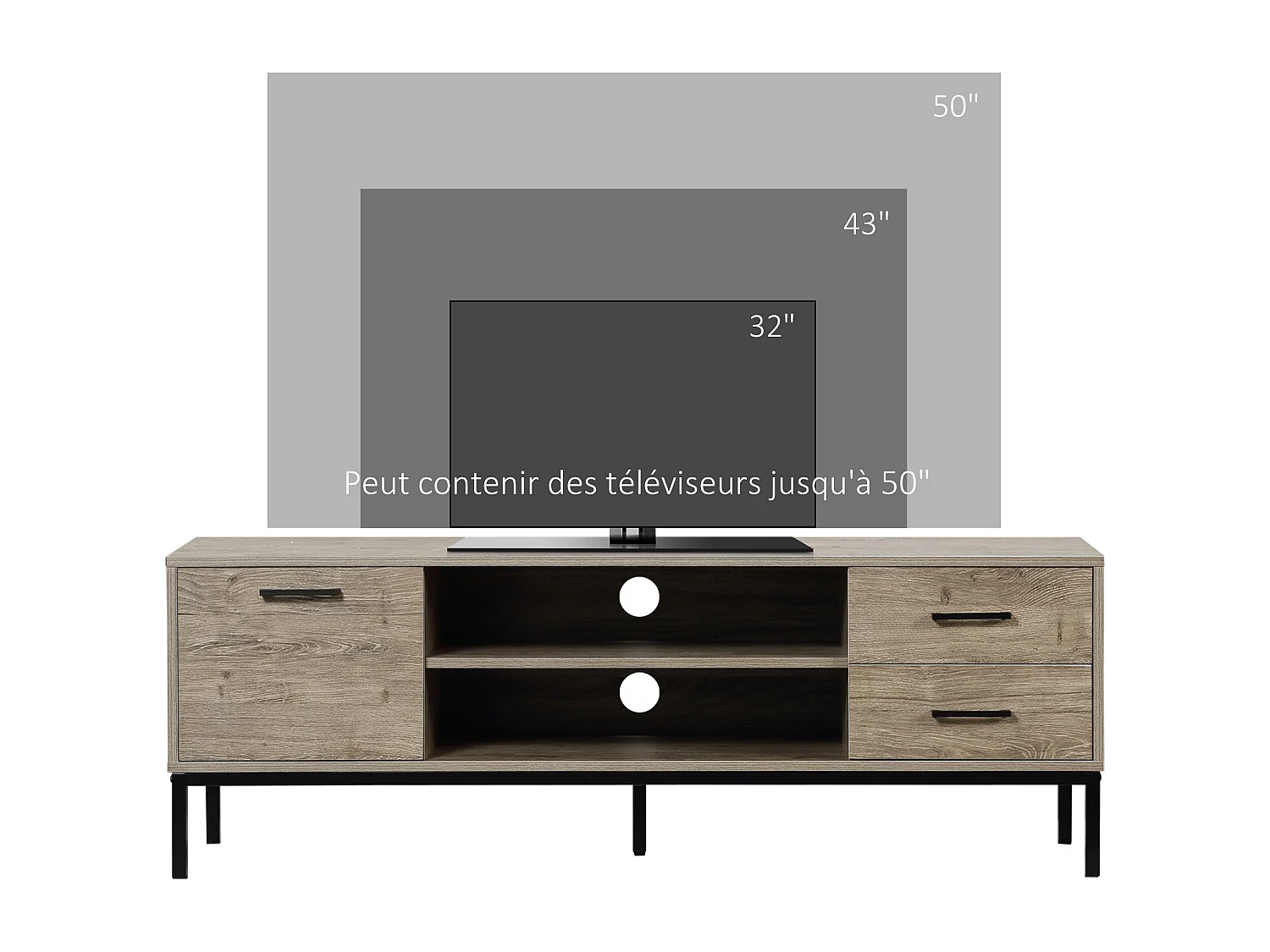Meuble TV banc TV design industriel - porte, 2 tiroirs, 2 niches - piètement acier noir - aspect bois gris