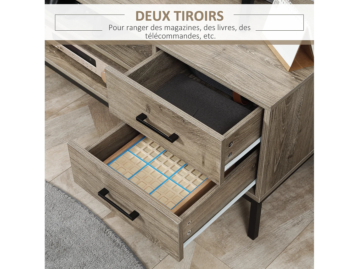 Meuble TV banc TV design industriel - porte, 2 tiroirs, 2 niches - piètement acier noir - aspect bois gris