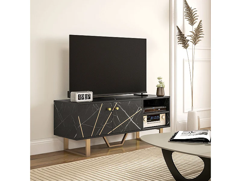 Meuble TV banc TV design - dim. 110L x 35l x 45H cm - métal doré aspect marbre noir