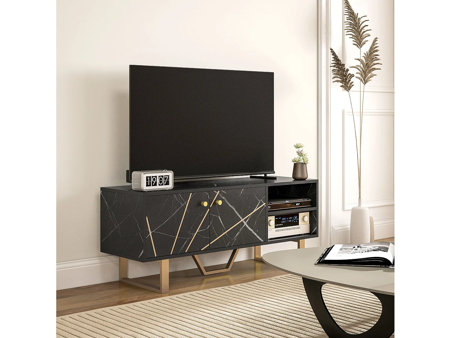 Meuble TV banc TV design - dim. 110L x 35l x 45H cm - métal doré aspect marbre noir