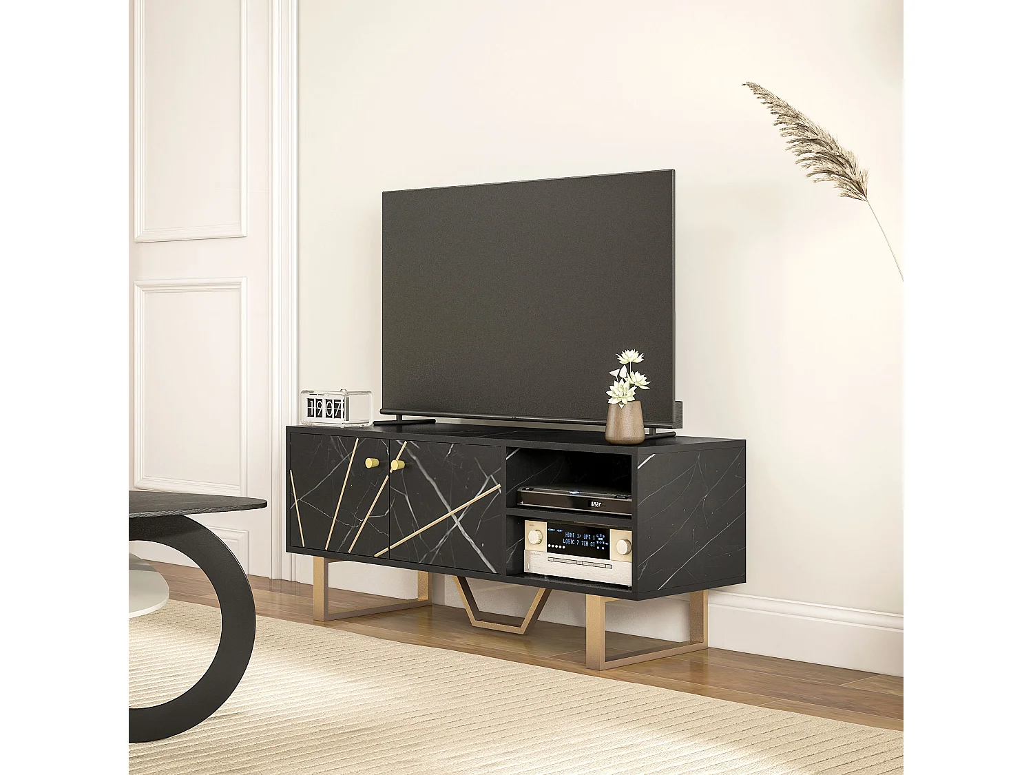 Meuble TV banc TV design - dim. 110L x 35l x 45H cm - métal doré aspect marbre noir
