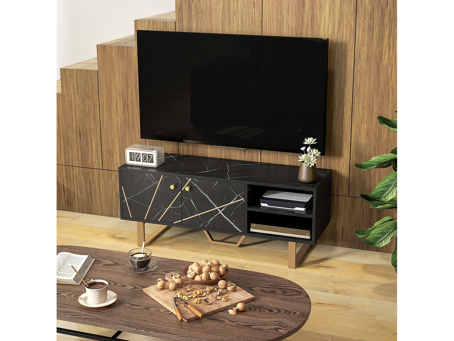 Meuble TV banc TV design - dim. 110L x 35l x 45H cm - métal doré aspect marbre noir