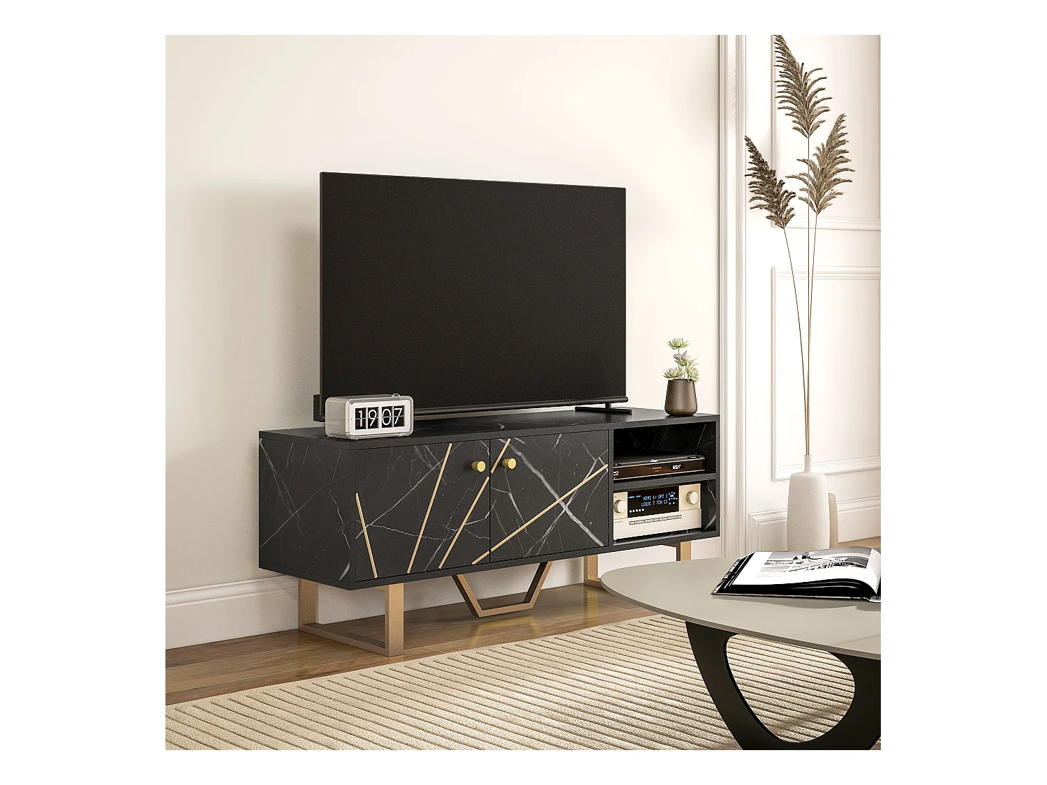 Meuble TV banc TV design - dim. 110L x 35l x 45H cm - métal doré aspect marbre noir