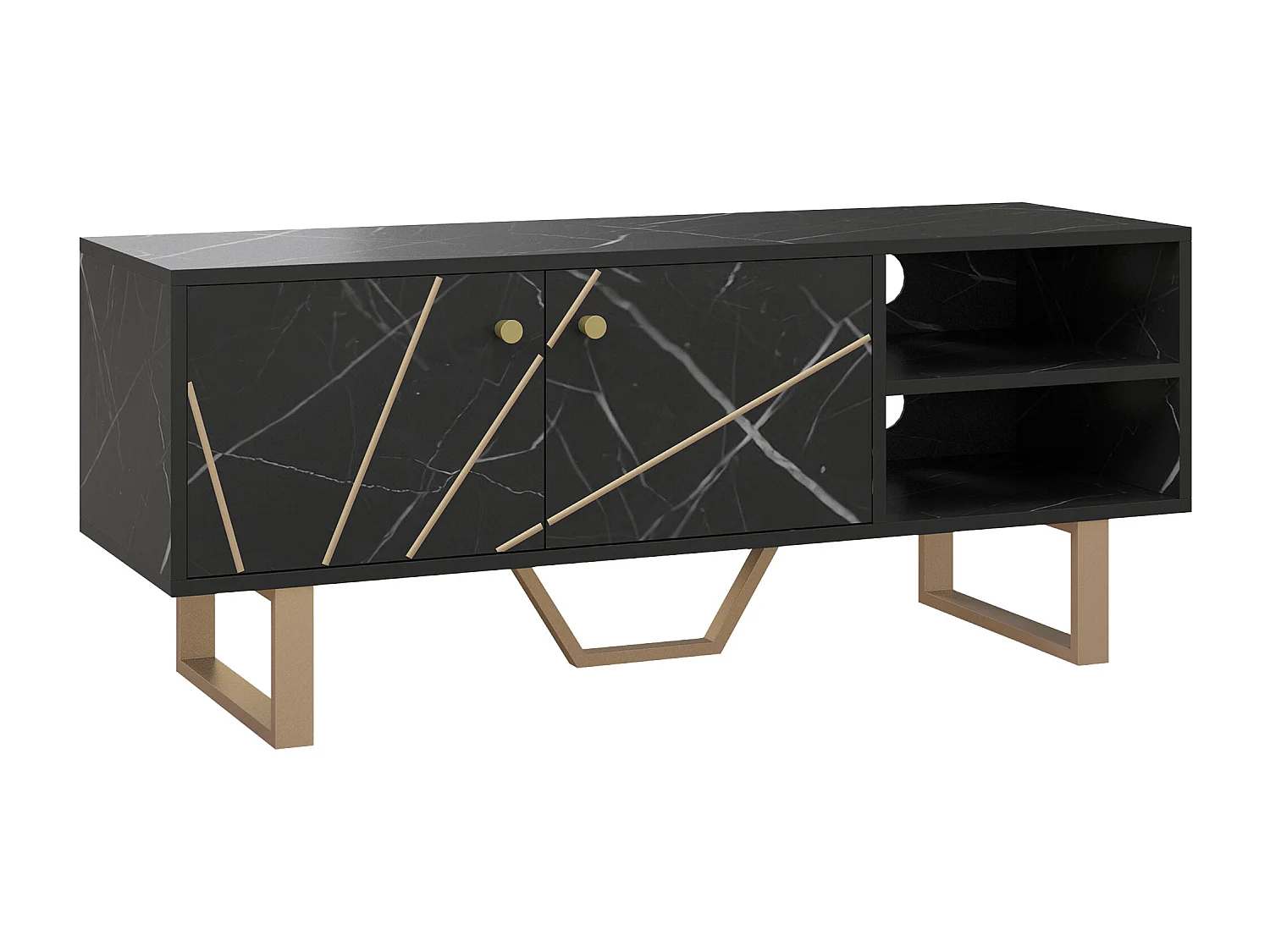 Meuble TV banc TV design - dim. 110L x 35l x 45H cm - métal doré aspect marbre noir