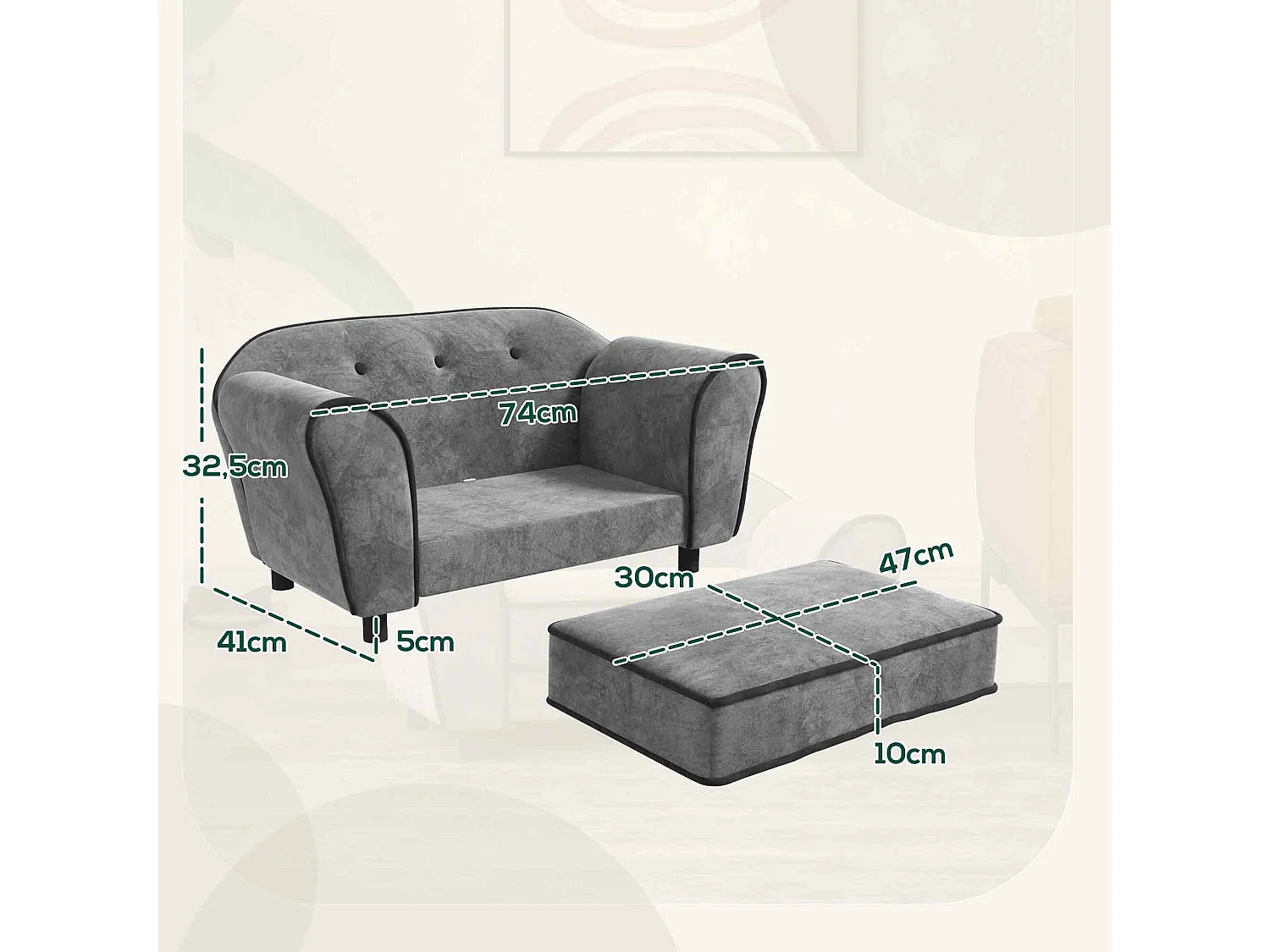 Canapé pour chien design - coussin déhoussable - dim. 74L x 41l x 32,5H cm - velours gris