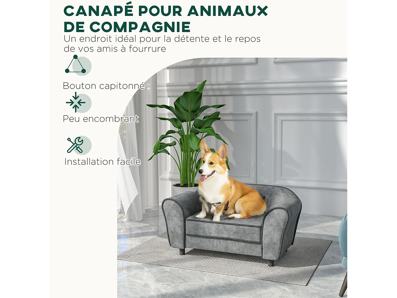 Canapé pour chien design - coussin déhoussable - dim. 74L x 41l x 32,5H cm - velours gris