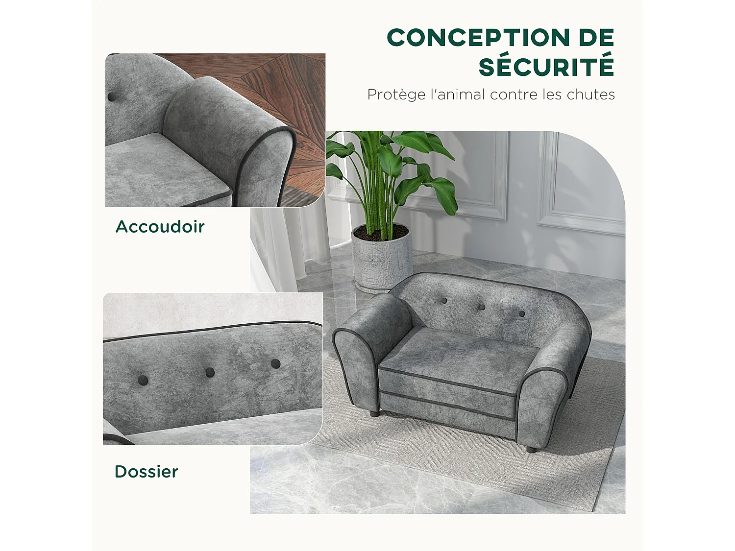 Canapé pour chien design - coussin déhoussable - dim. 74L x 41l x 32,5H cm - velours gris
