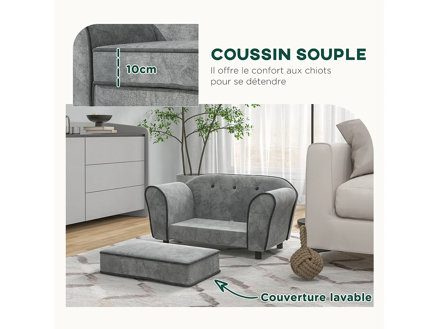 Canapé pour chien design - coussin déhoussable - dim. 74L x 41l x 32,5H cm - velours gris