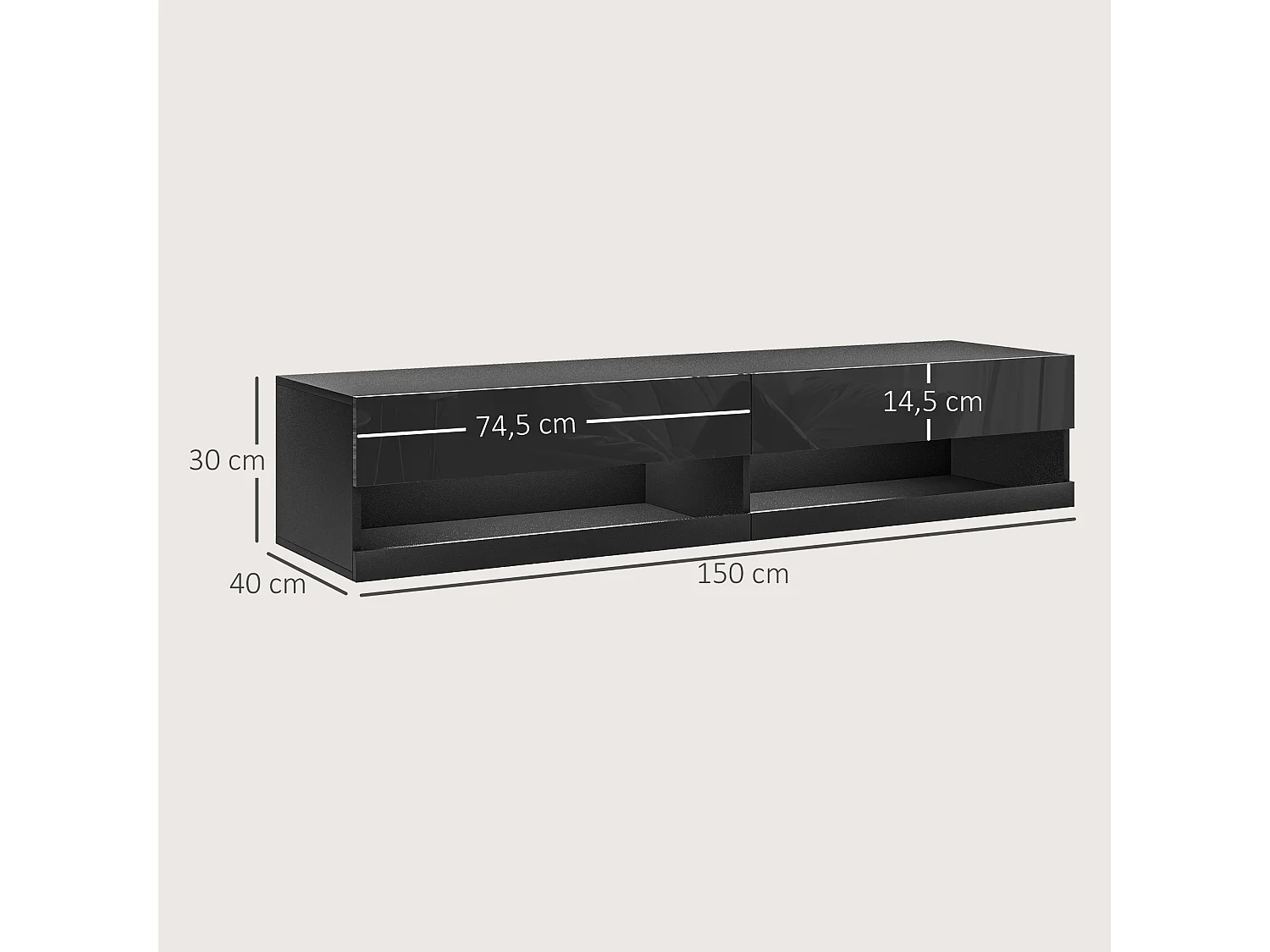 Meuble TV mural LED - banc TV flottant - 2 portes battantes - dim. 150L x 40l x 30H cm - noir laqué