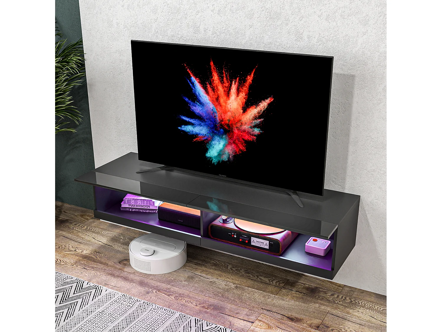 Meuble TV mural LED - banc TV flottant - 2 portes battantes - dim. 150L x 40l x 30H cm - noir laqué