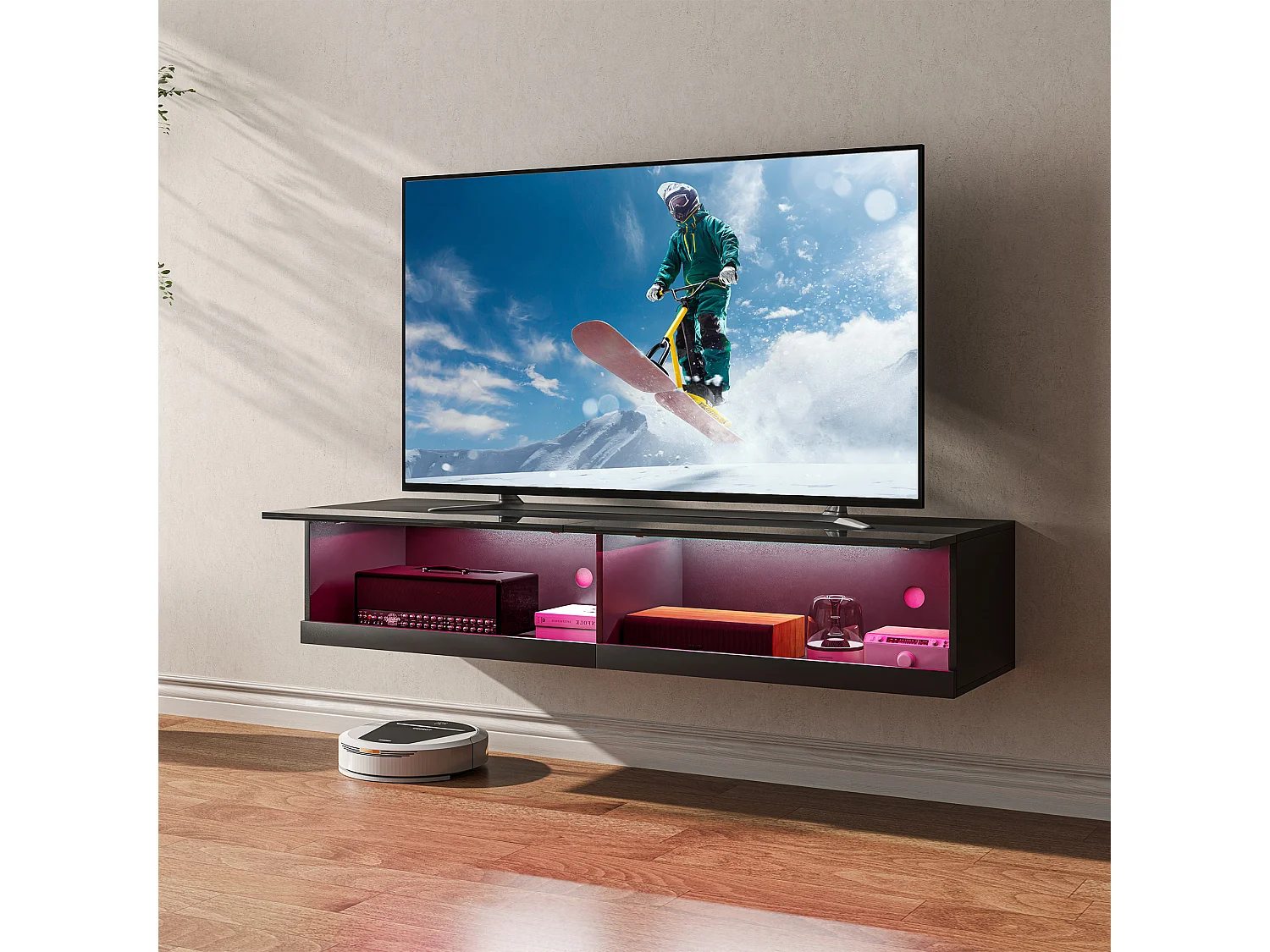 Meuble TV mural LED - banc TV flottant - 2 portes battantes - dim. 150L x 40l x 30H cm - noir laqué