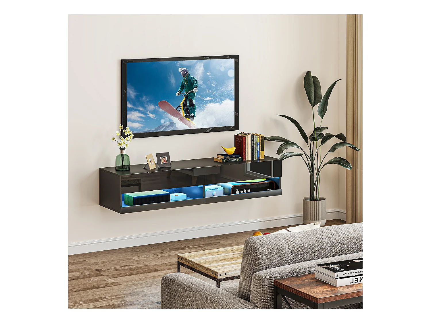 Meuble TV mural LED - banc TV flottant - 2 portes battantes - dim. 150L x 40l x 30H cm - noir laqué