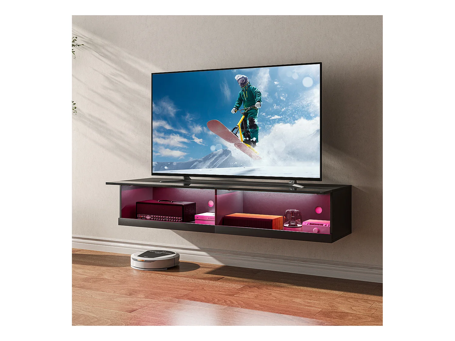 Meuble TV mural LED - banc TV flottant - 2 portes battantes - dim. 150L x 40l x 30H cm - noir laqué