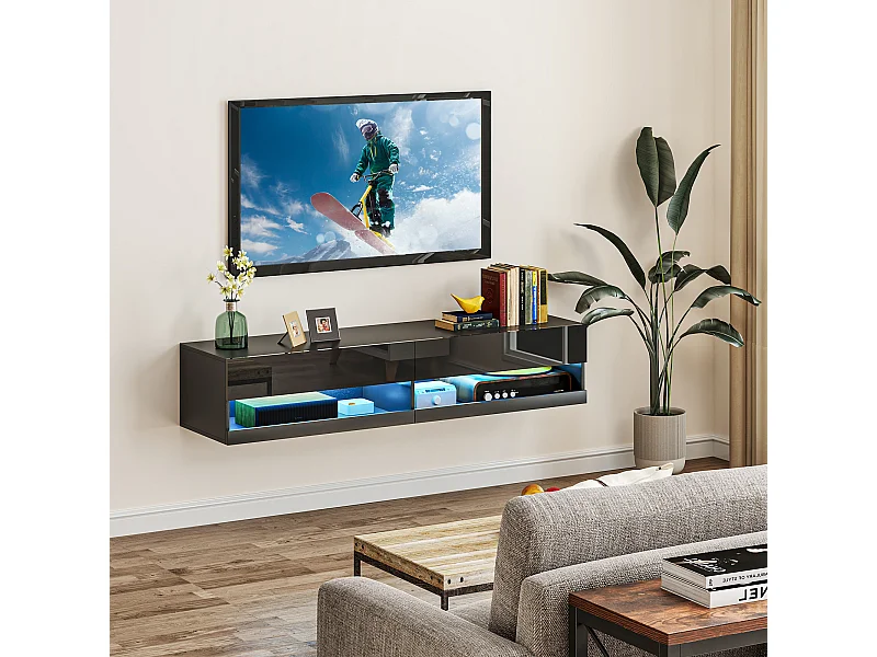 Meuble TV mural LED - banc TV flottant - 2 portes battantes - dim. 150L x 40l x 30H cm - noir laqué