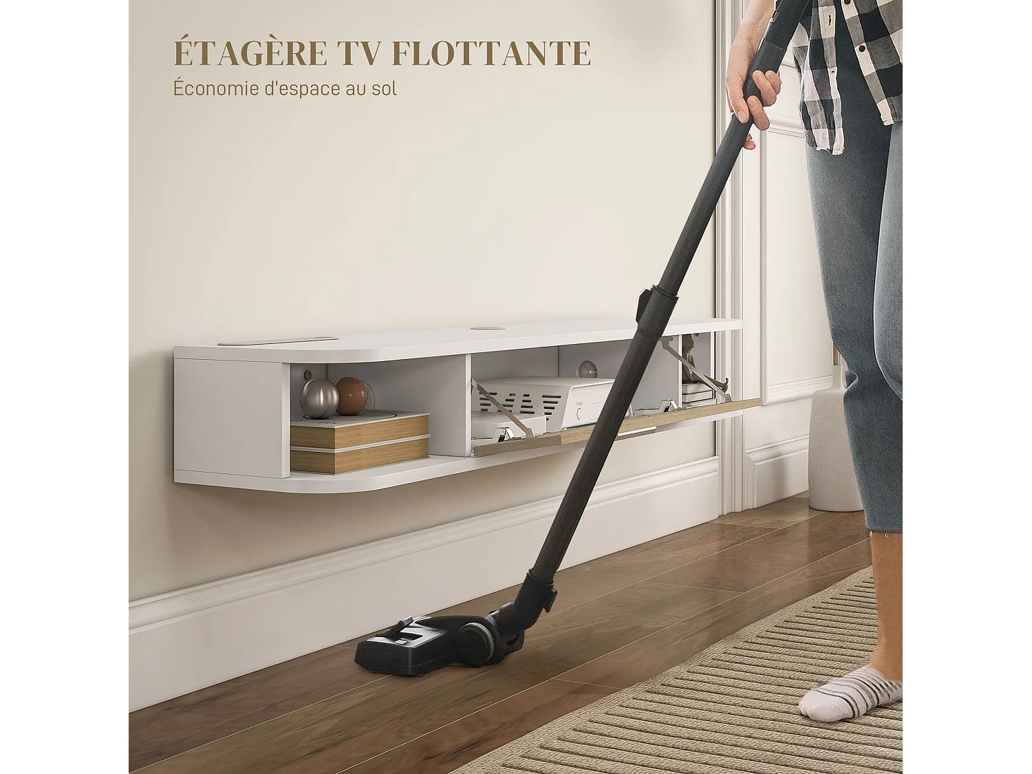 Meuble TV mural banc TV design flottant - 2 niches, porte abattante - dim. 120L x 26l x 16H cm - blanc aspect chêne clair