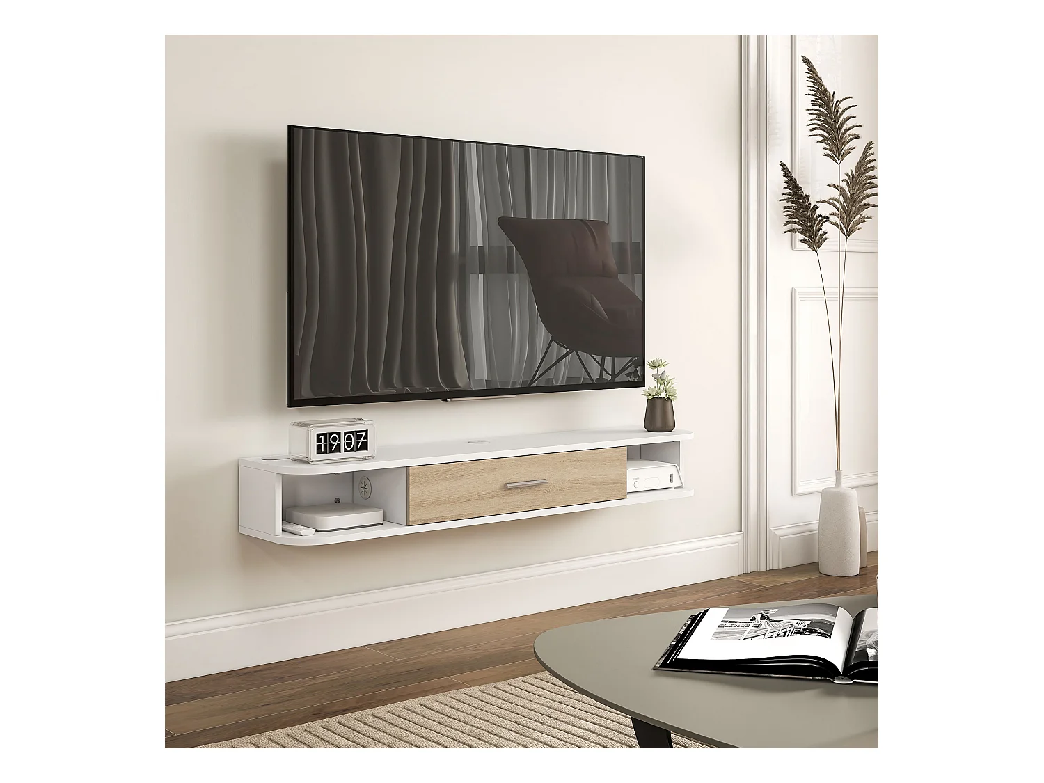 Meuble TV mural banc TV design flottant - 2 niches, porte abattante - dim. 120L x 26l x 16H cm - blanc aspect chêne clair