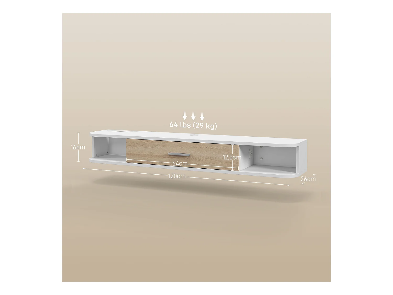 Meuble TV mural banc TV design flottant - 2 niches, porte abattante - dim. 120L x 26l x 16H cm - blanc aspect chêne clair