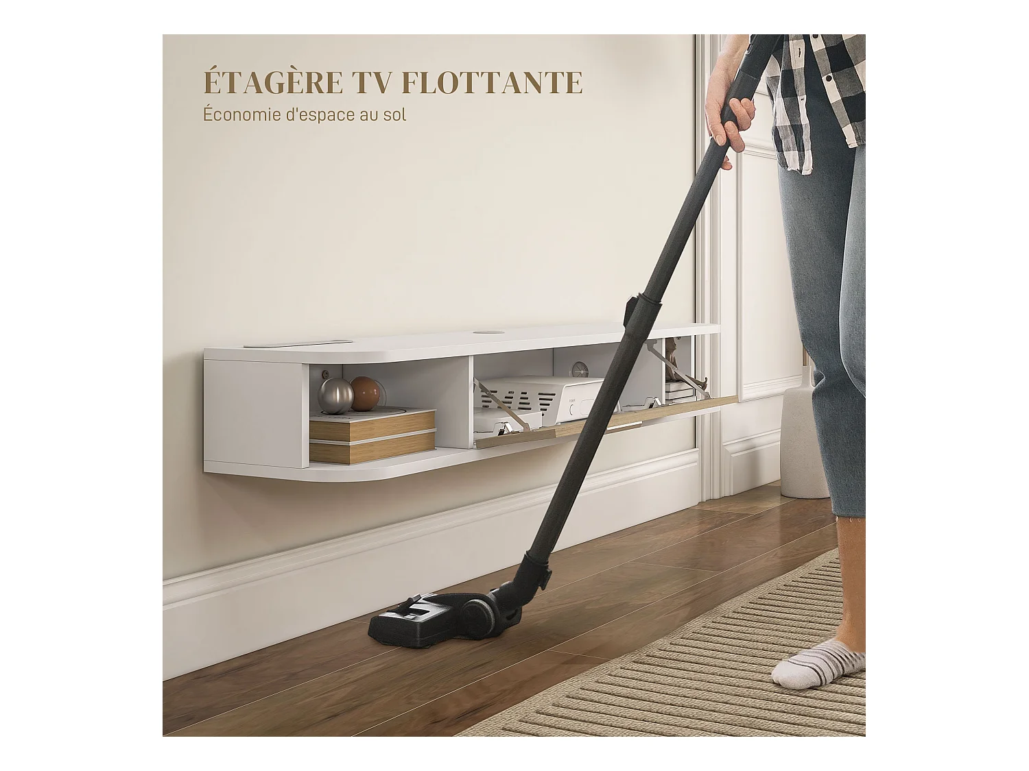 Meuble TV mural banc TV design flottant - 2 niches, porte abattante - dim. 120L x 26l x 16H cm - blanc aspect chêne clair