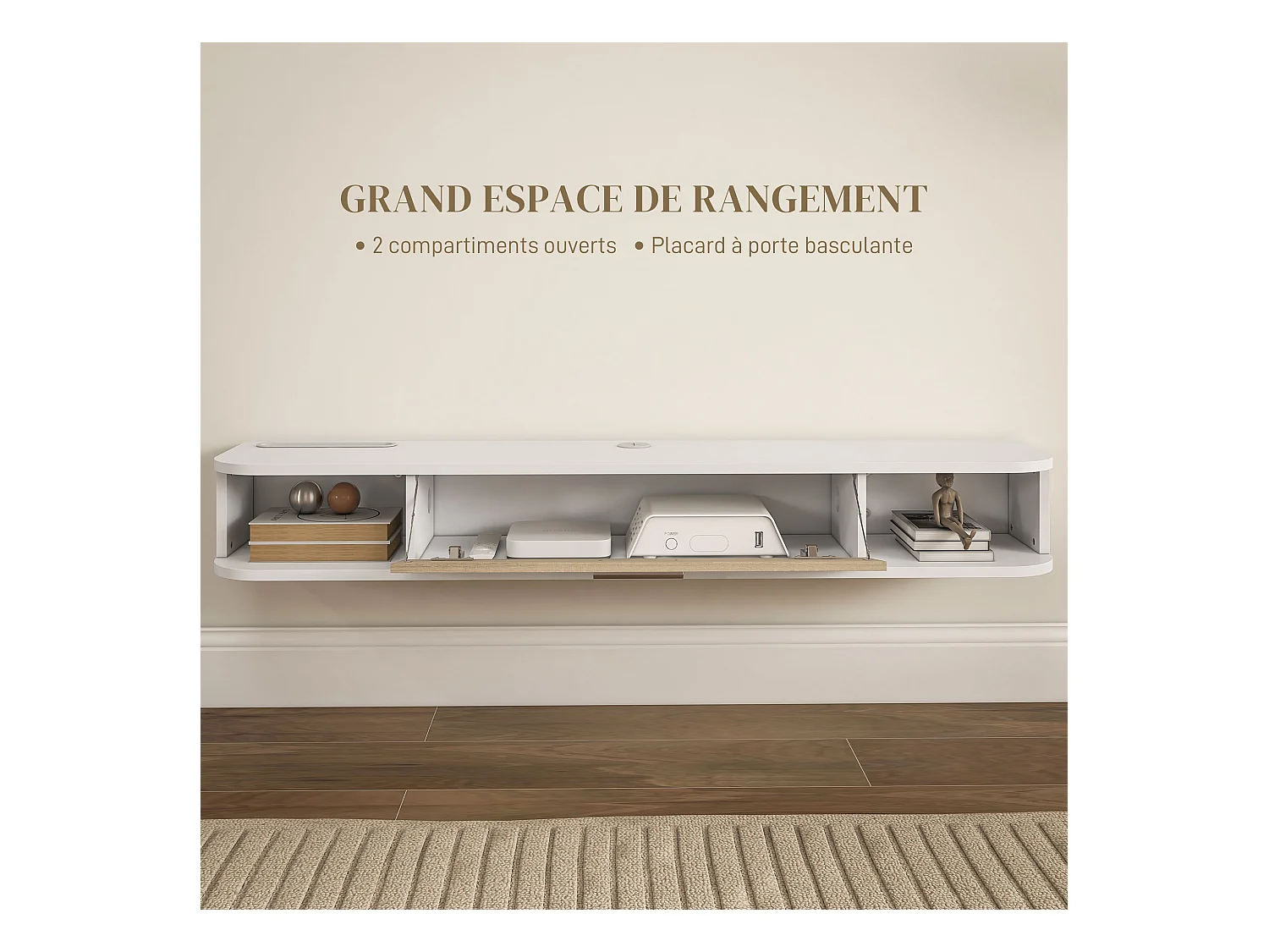 Meuble TV mural banc TV design flottant - 2 niches, porte abattante - dim. 120L x 26l x 16H cm - blanc aspect chêne clair