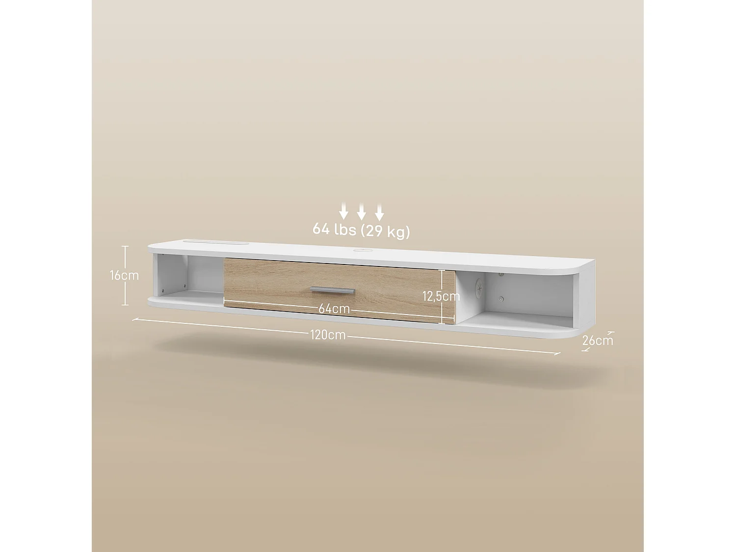 Meuble TV mural banc TV design flottant - 2 niches, porte abattante - dim. 120L x 26l x 16H cm - blanc aspect chêne clair