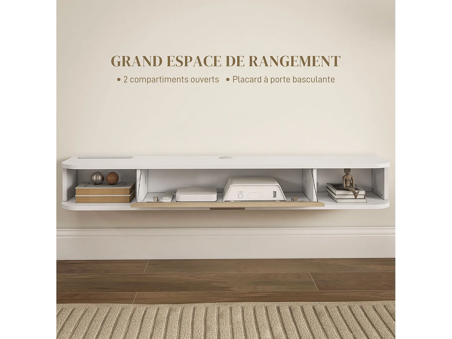 Meuble TV mural banc TV design flottant - 2 niches, porte abattante - dim. 120L x 26l x 16H cm - blanc aspect chêne clair