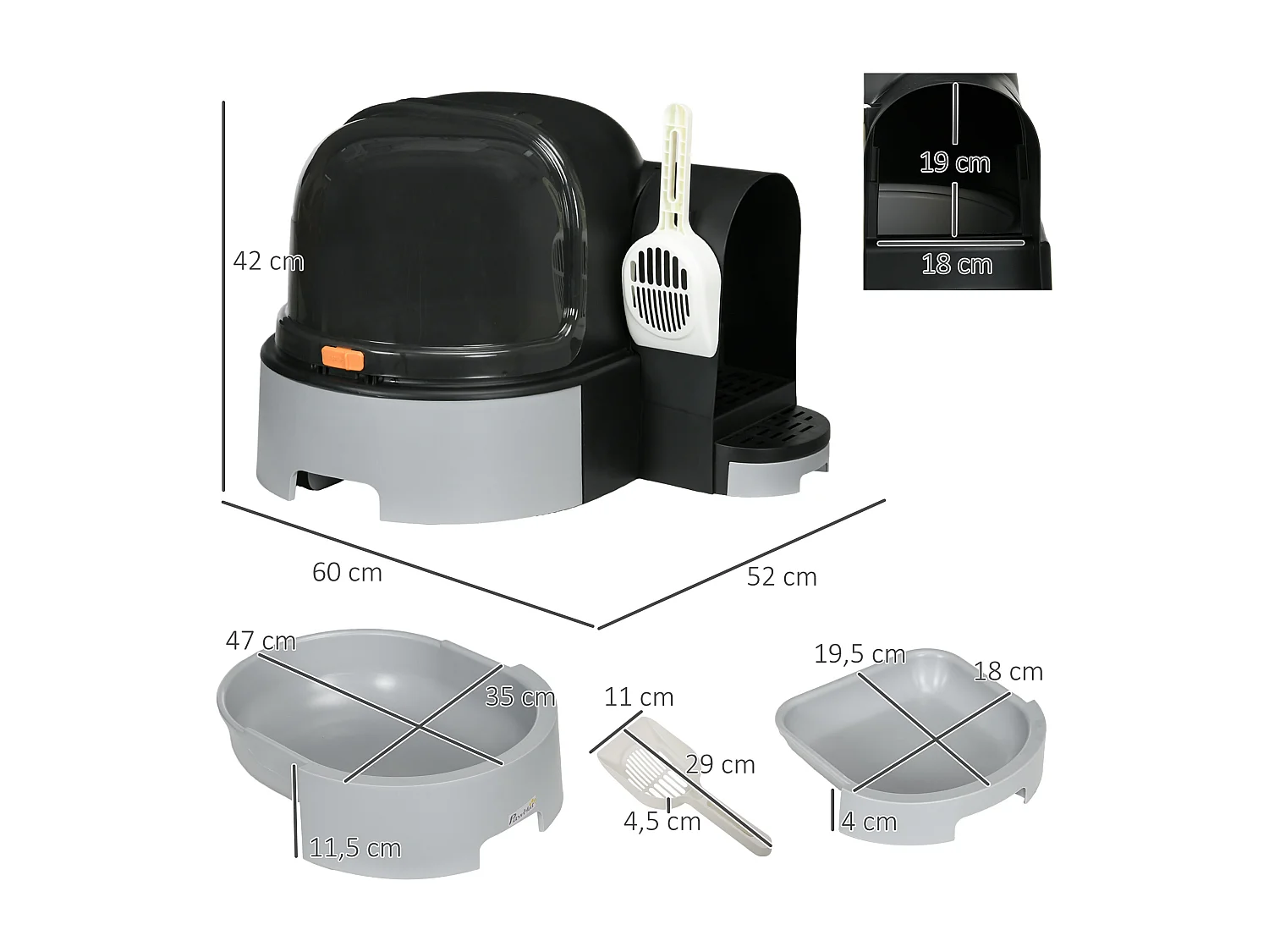 Maison de toilette litière pour chat design capsule spatiale - porte, capot ouvrant, pelle, 2 tiroirs amovibles - gris noir