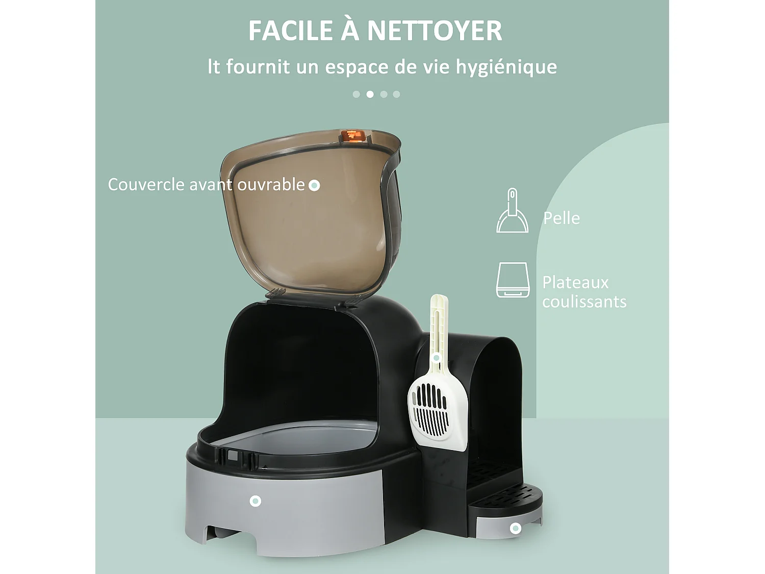 Maison de toilette litière pour chat design capsule spatiale - porte, capot ouvrant, pelle, 2 tiroirs amovibles - gris noir