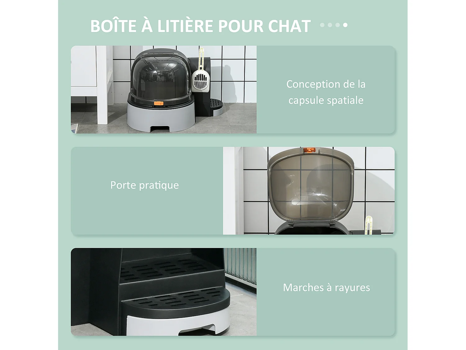 Maison de toilette litière pour chat design capsule spatiale - porte, capot ouvrant, pelle, 2 tiroirs amovibles - gris noir