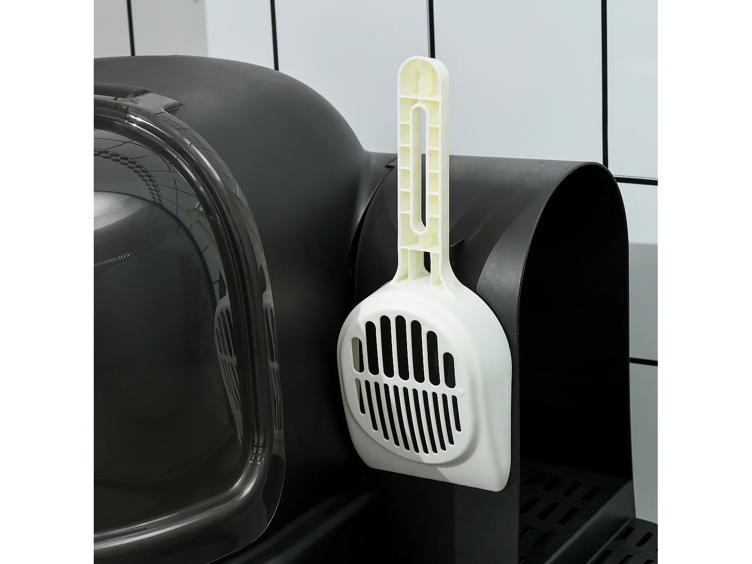 Maison de toilette litière pour chat design capsule spatiale - porte, capot ouvrant, pelle, 2 tiroirs amovibles - gris noir