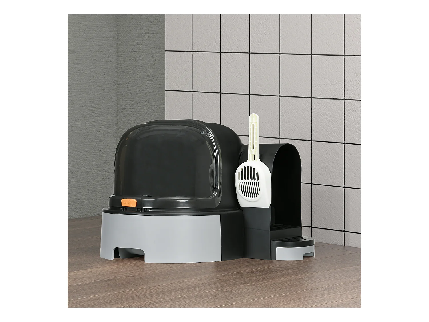 Maison de toilette litière pour chat design capsule spatiale - porte, capot ouvrant, pelle, 2 tiroirs amovibles - gris noir