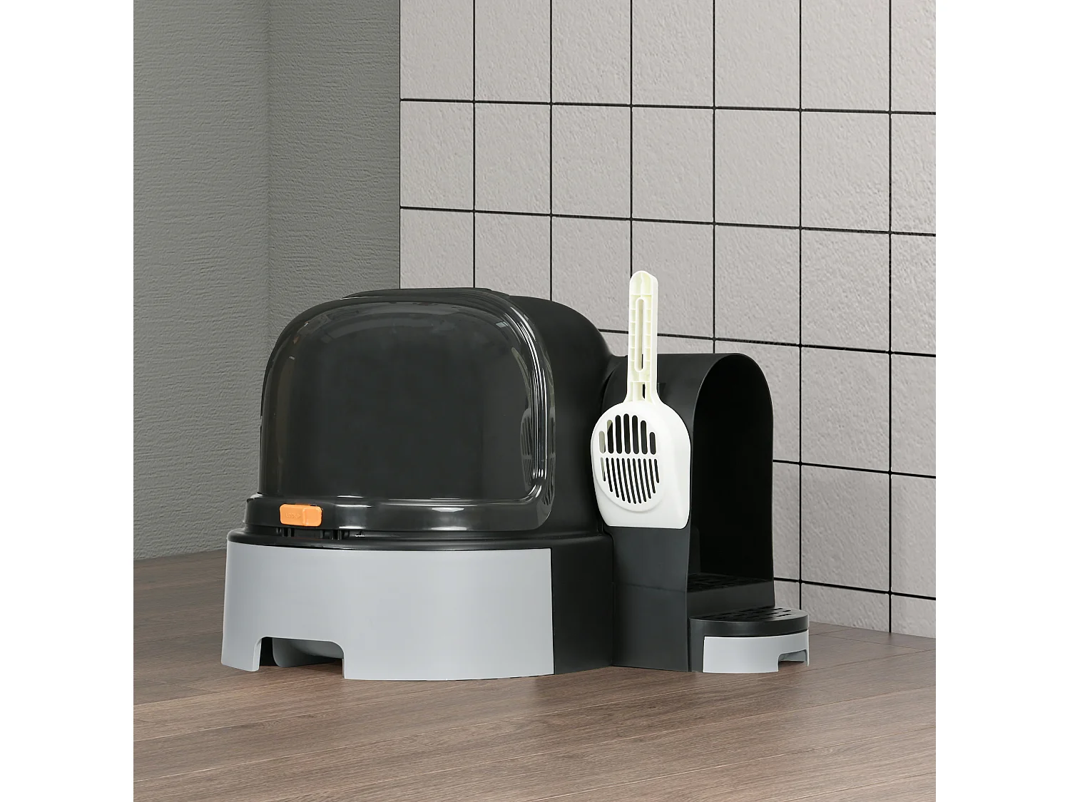 Maison de toilette litière pour chat design capsule spatiale - porte, capot ouvrant, pelle, 2 tiroirs amovibles - gris noir