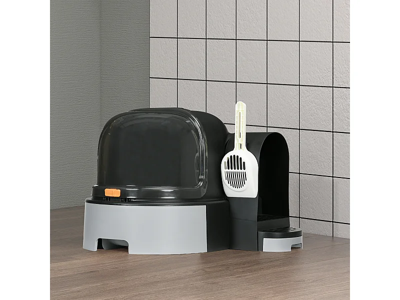 Maison de toilette litière pour chat design capsule spatiale - porte, capot ouvrant, pelle, 2 tiroirs amovibles - gris noir
