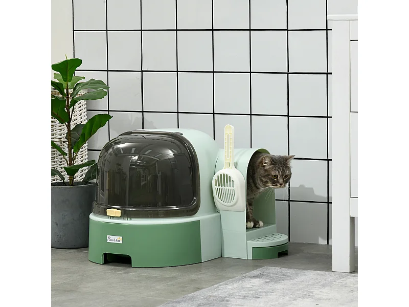 Maison de toilette litière pour chat design capsule spatiale - porte, capot ouvrant, pelle, 2 tiroirs amovibles - vert noir