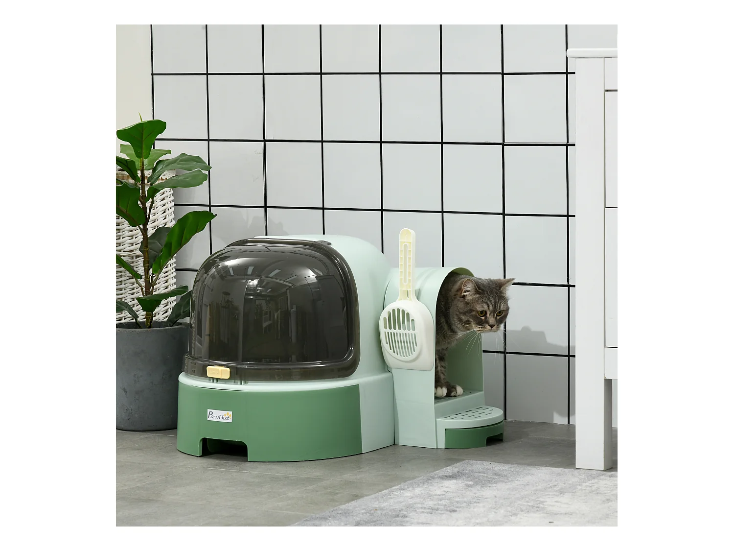 Maison de toilette litière pour chat design capsule spatiale - porte, capot ouvrant, pelle, 2 tiroirs amovibles - vert noir