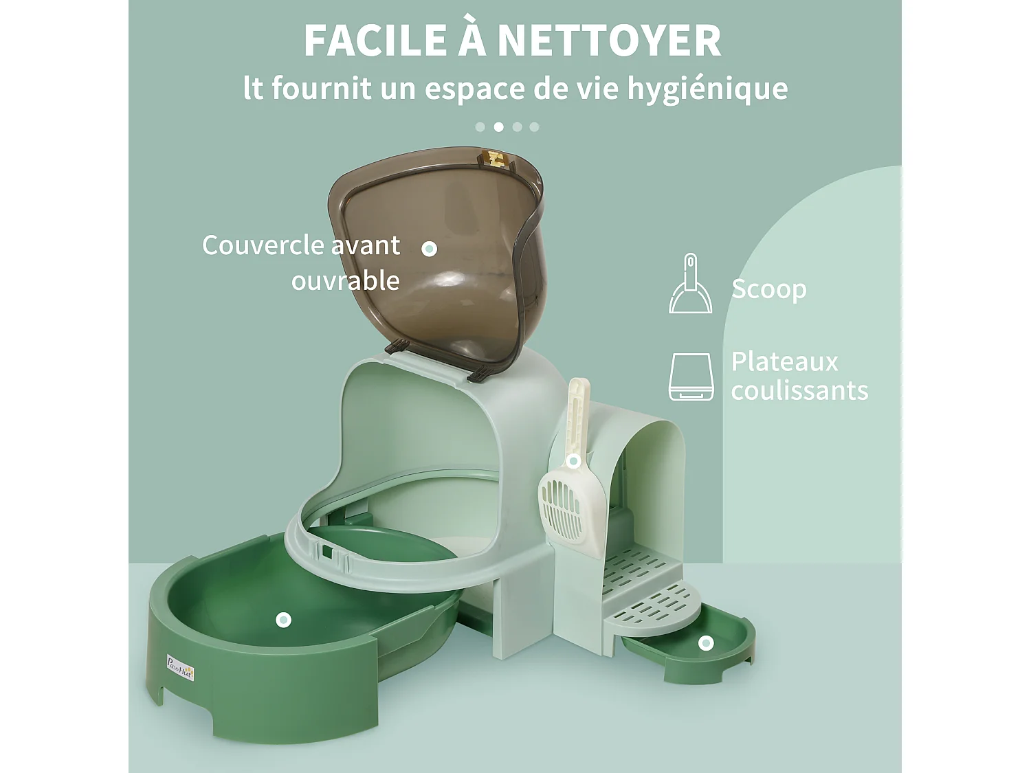 Maison de toilette litière pour chat design capsule spatiale - porte, capot ouvrant, pelle, 2 tiroirs amovibles - vert noir