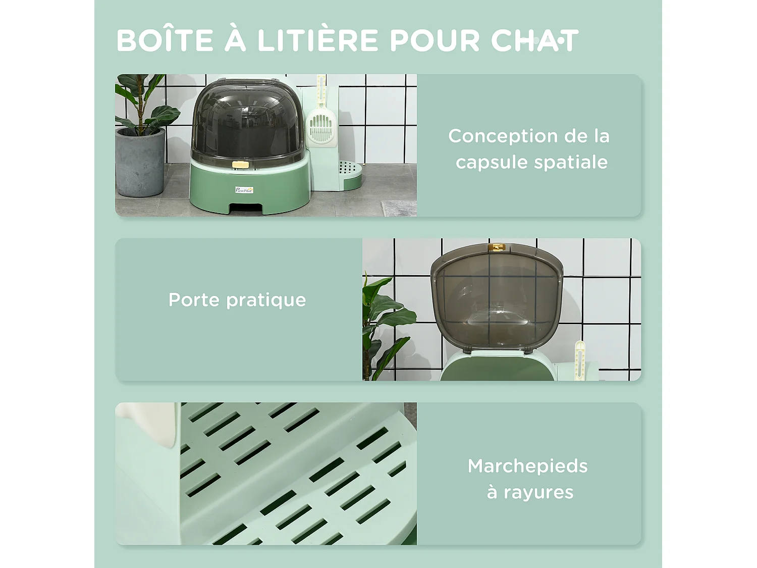 Maison de toilette litière pour chat design capsule spatiale - porte, capot ouvrant, pelle, 2 tiroirs amovibles - vert noir