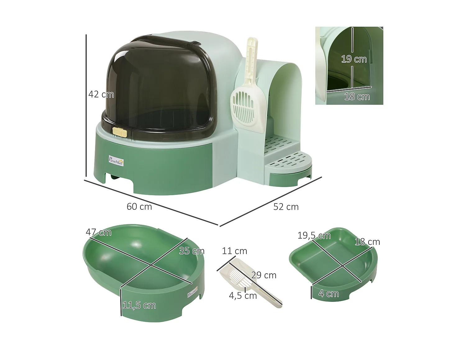 Maison de toilette litière pour chat design capsule spatiale - porte, capot ouvrant, pelle, 2 tiroirs amovibles - vert noir