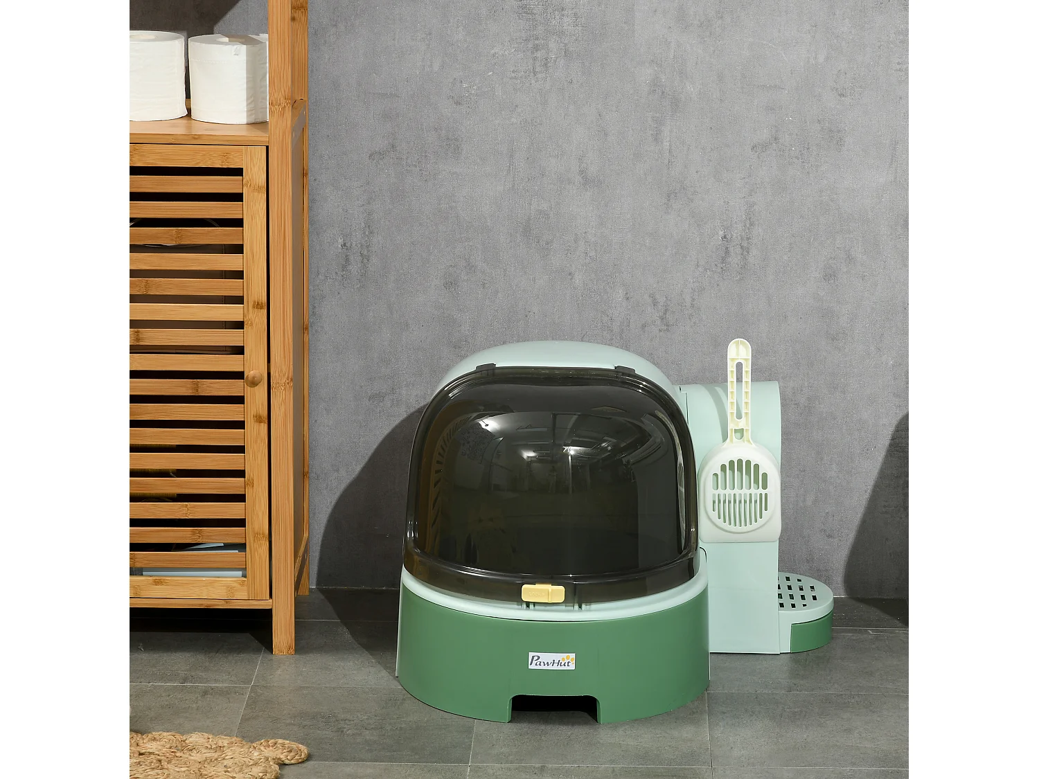 Maison de toilette litière pour chat design capsule spatiale - porte, capot ouvrant, pelle, 2 tiroirs amovibles - vert noir