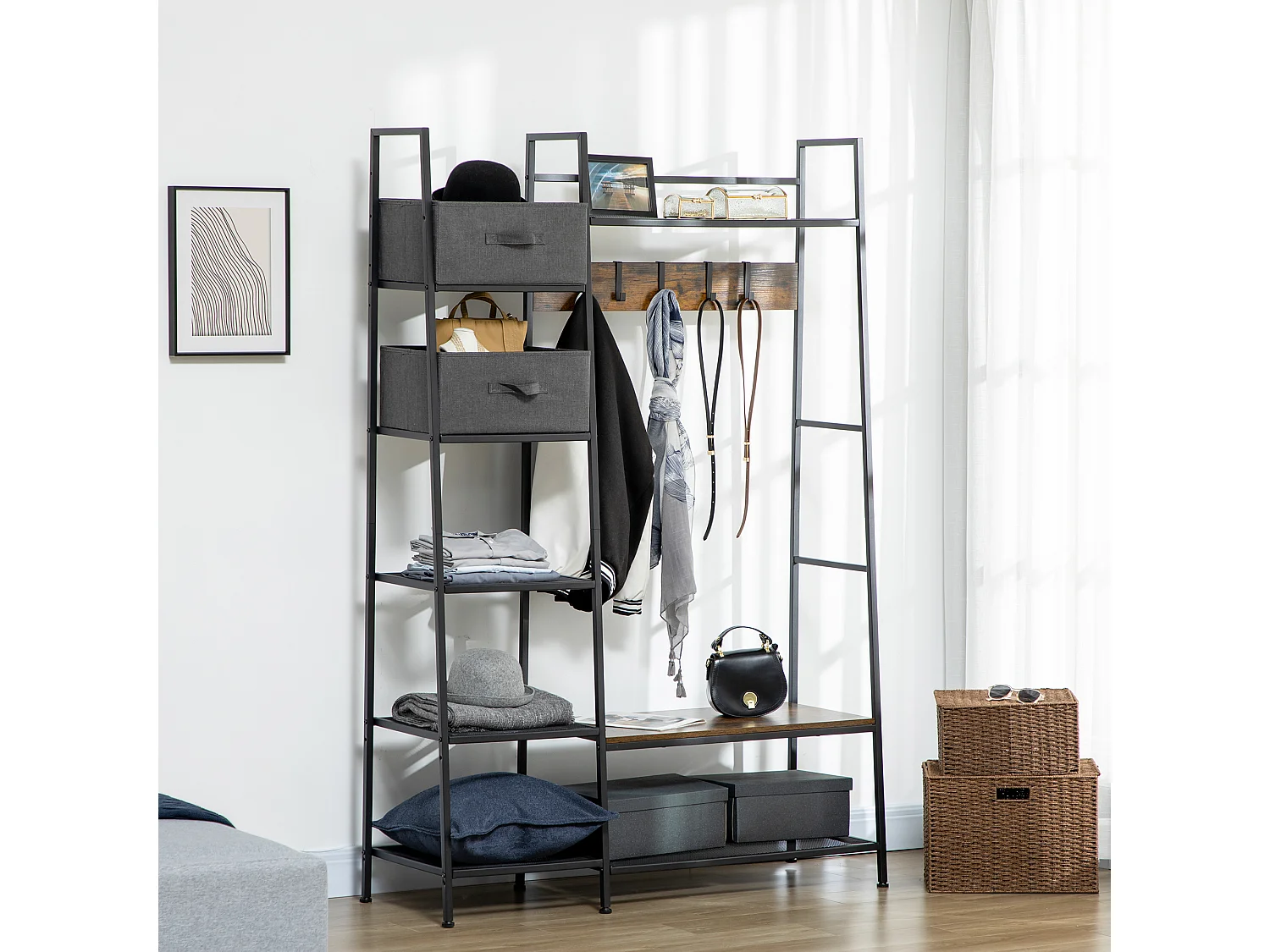 Vestiaire d'entrée style industriel - 6 étagères, 4 crochets, 2 tiroirs en tissu - dim. 125 x 43 x 185,5 H cm - acier et bois