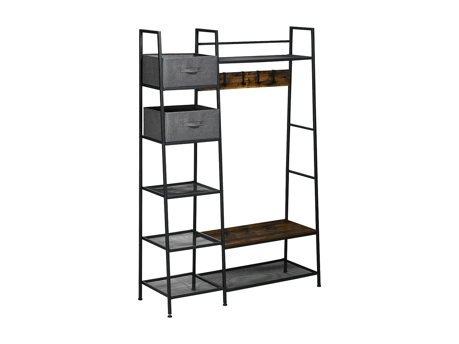Vestiaire d'entrée style industriel - 6 étagères, 4 crochets, 2 tiroirs en tissu - dim. 125 x 43 x 185,5 H cm - acier et bois