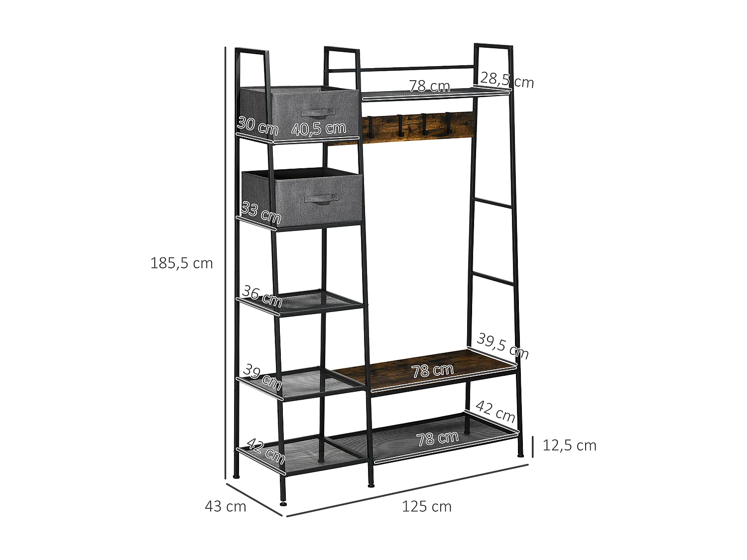 Vestiaire d'entrée style industriel - 6 étagères, 4 crochets, 2 tiroirs en tissu - dim. 125 x 43 x 185,5 H cm - acier et bois