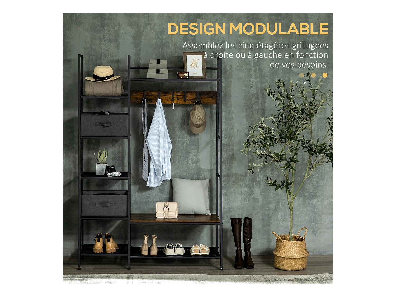 Vestiaire d'entrée style industriel - 6 étagères, 4 crochets, 2 tiroirs en tissu - dim. 125 x 43 x 185,5 H cm - acier et bois