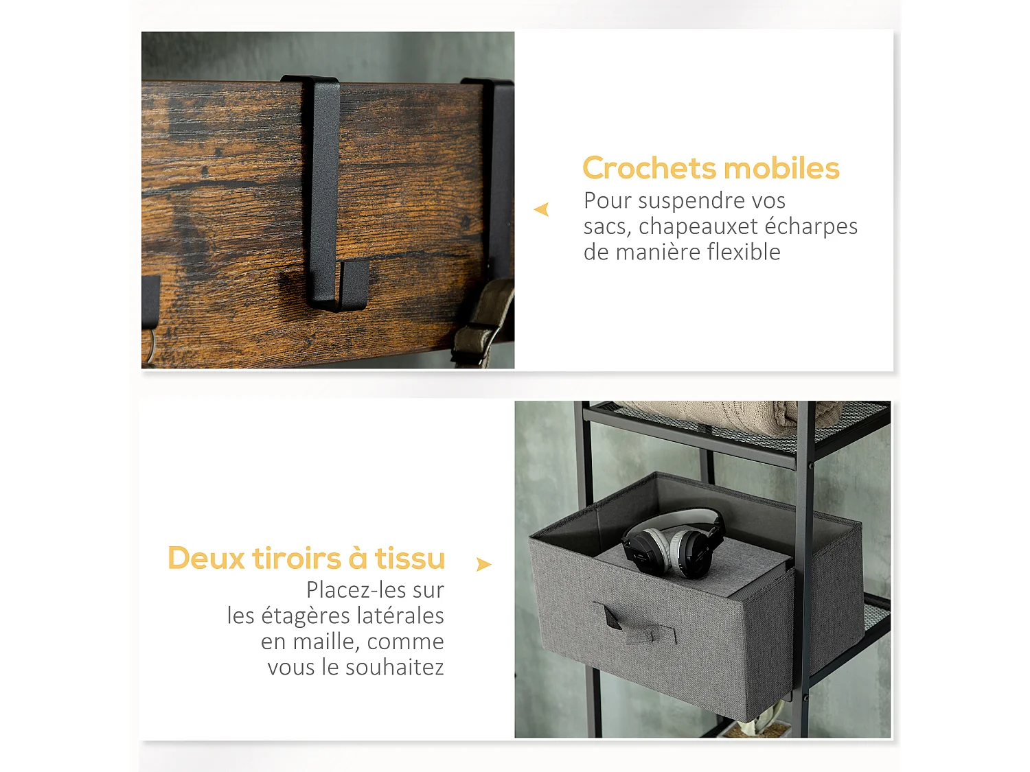 Vestiaire d'entrée style industriel - 6 étagères, 4 crochets, 2 tiroirs en tissu - dim. 125 x 43 x 185,5 H cm - acier et bois