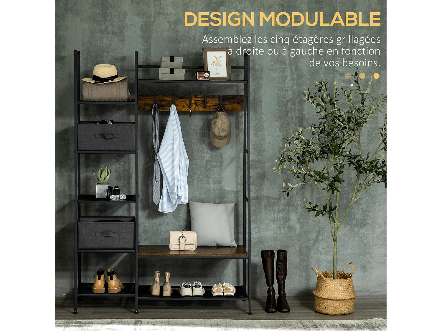 Vestiaire d'entrée style industriel - 6 étagères, 4 crochets, 2 tiroirs en tissu - dim. 125 x 43 x 185,5 H cm - acier et bois