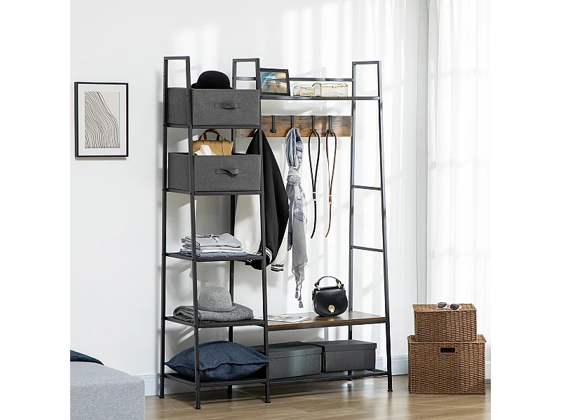Vestiaire d'entrée style industriel - 6 étagères, 4 crochets, 2 tiroirs en tissu - dim. 125 x 43 x 185,5 H cm - acier et bois